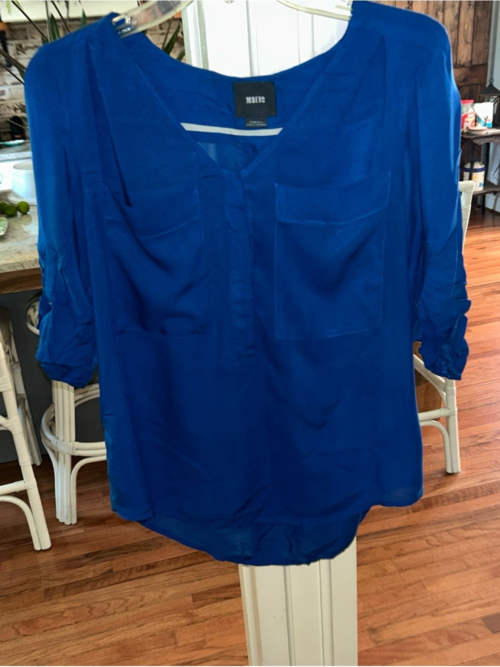 Maeve Vibrant Blue V-Neck Roll-Tab Blouse